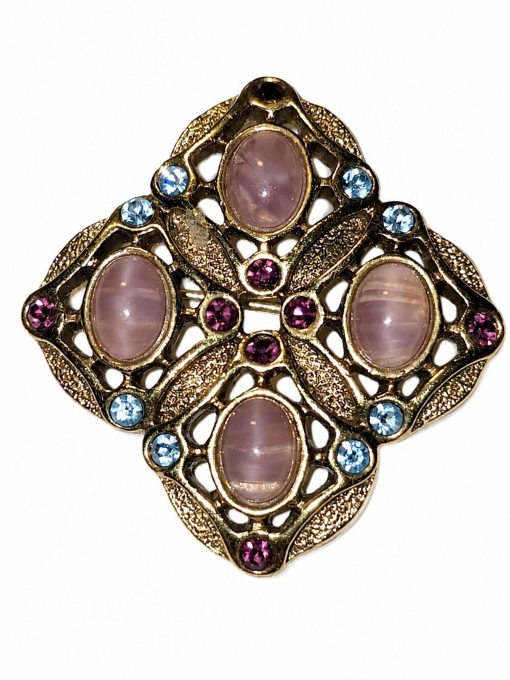 Vtg 90's Y2k Victorian Revival Faux Moonstone & Crystal Maltese Cross Brooch